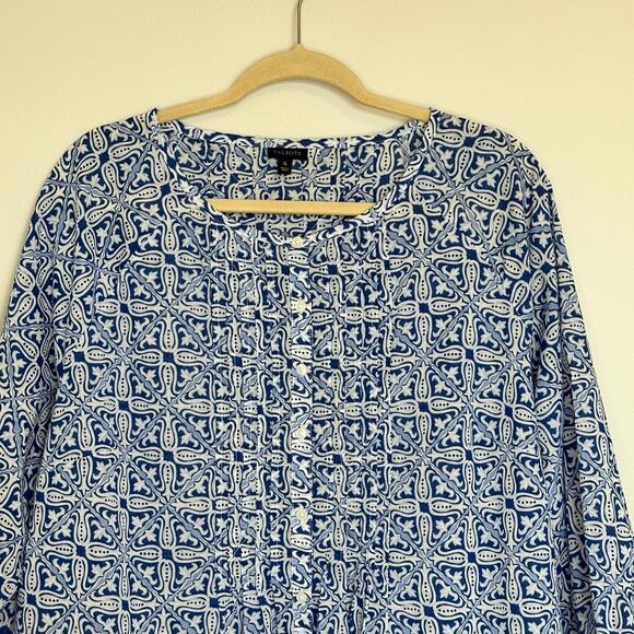 Talbots Floral Tunic Top Size XL 3/4 Sleeve Button Down 100% Cotton Blue White - Picture 2 of 9